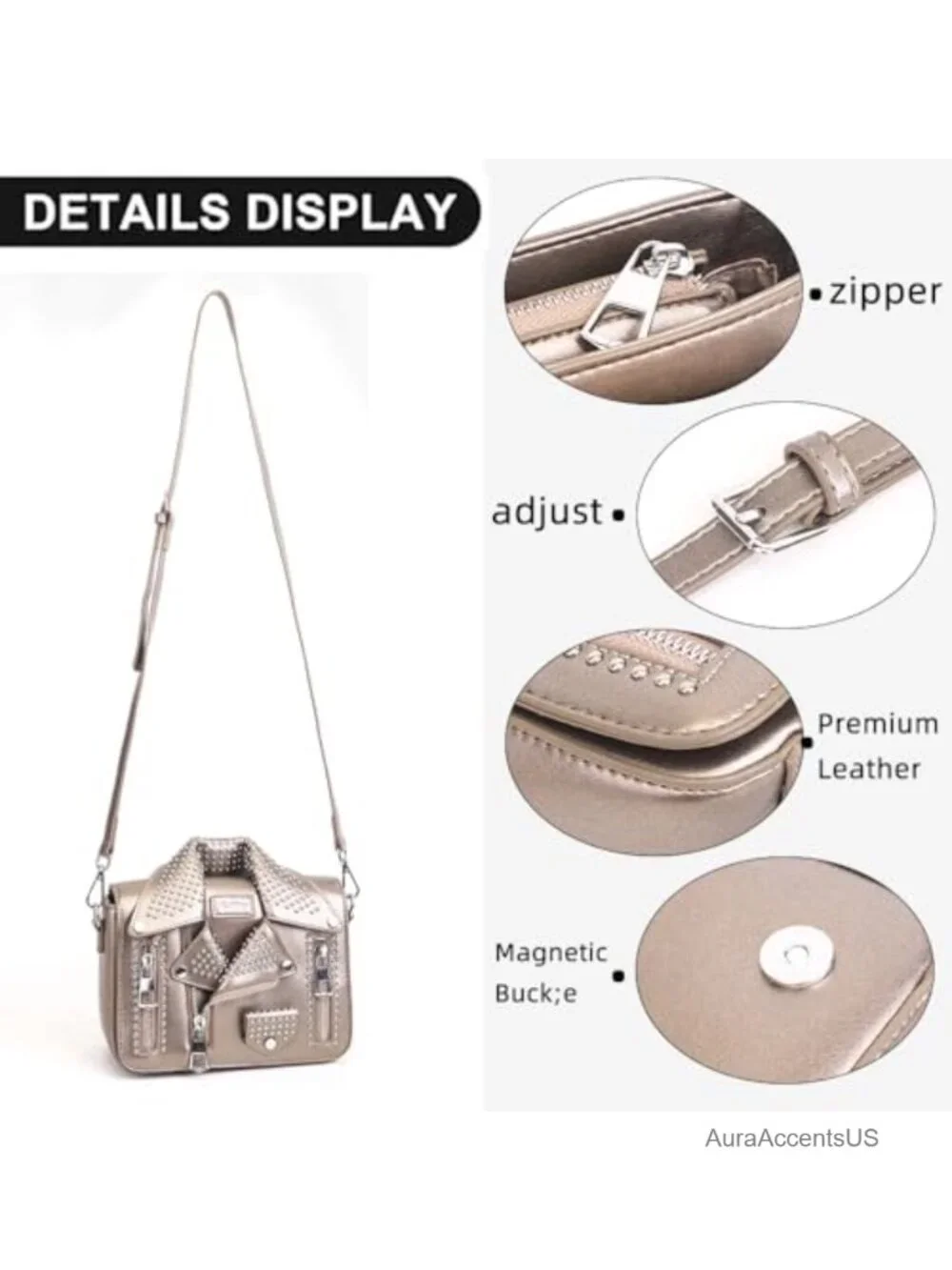 Leather Satchel Bag with Chain Strap Crossbody Shoulder Bag Rivet Details